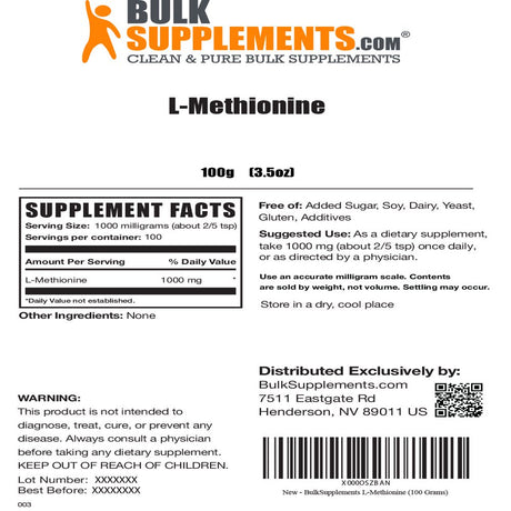 Bulksupplements.Com L-Methionine Powder, 1000Mg - Kidney & Liver Support (100G - 100 Servings)