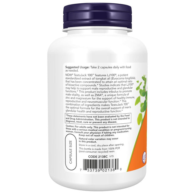 Now Supplements, Testojack 100 with Lj100, a Potent Standardized Extract of Tongkat Ali (Eurycoma Longifolia), Tribulus and Zma, 120 Veg Capsules