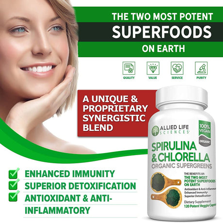 3-PACK - Allied Life Spirulina and Chlorella - Organic Chlorophyll Vegan Protein Powder Capsules 120 Caps