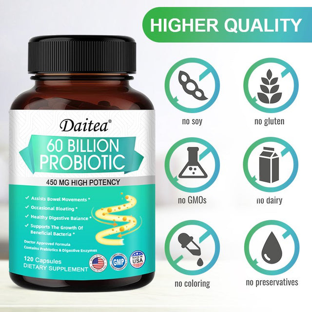 Daitea Probiotics 60 Billion + Probiotic Blend Capsules - 450 Mg per Serving - Gut Health, Digestion, Bloating, Constipation, Heart, Immune Support Supplement