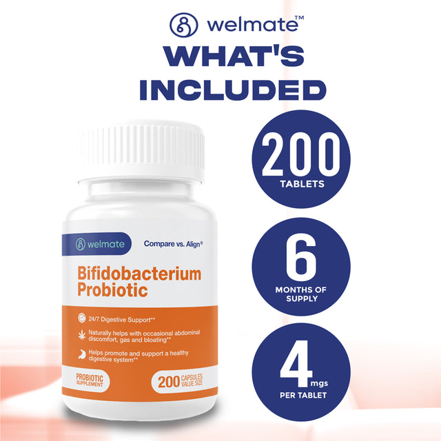 Welmate Bifidobacterium Probiotic Supplement - 24/7 Digestive Support - 200 Count Capsules