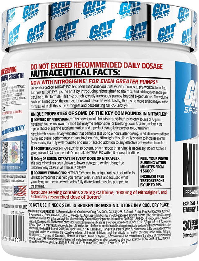 GAT SPORT Nitraflex Advanced Pre-Workout Powder, Increases Blood Flow, Boosts Strength and Energy, Improves Exercise Performance, Creatine-Free (Blue Raspberry, 30 Servings)