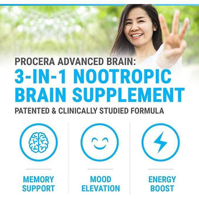 Procera Advanced Brain - 3-In-1 Nootropic Brain Supplement | Memory & Mood Support W/Energy Vitamins | Ashwagandha, Rhodiola, Ginseng, Ginkgo, Phosphatidylserine & Vitamin B Complex | 60 Capsules