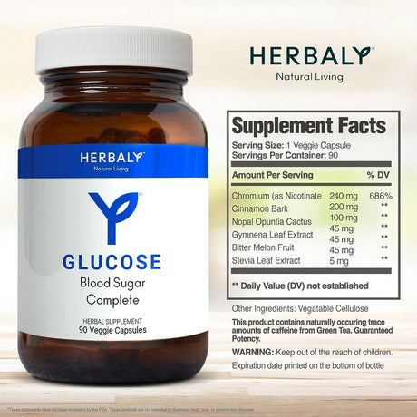 Herbaly Glucose Blood Sugar Complete Capsules - Natural Wellness - Nutrient Rich Blend - Cinnamon, Chromium, Gymnema Sylvestre, Fenugreek - Balance & Energy - Health Number Goals - 90 Veggie Caps