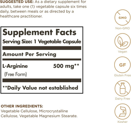 Solgar L-Arginine 500 Mg - 100 Vegetable Capsules - Nitric Oxide Stimulator - Non-Gmo, Vegan, Gluten Free, Dairy Free, Kosher - 100 Servings