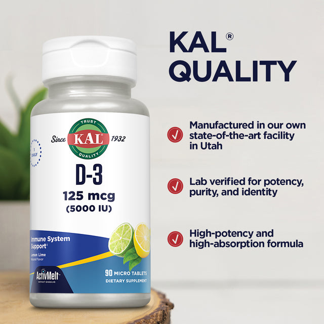 KAL Vitamin D-3 5000 IU | Natural Lemon Lime Activmelt Micro Tablets | Healthy Immune Function & Bone Support | 90 Ct