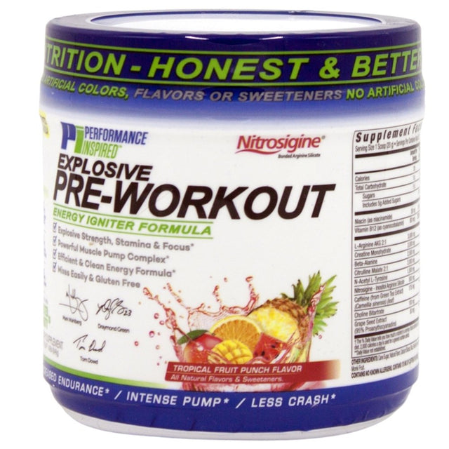 Performance Inspired Nutrition - Pre-Workout Powder - All Natural - G-Free & Vegan Formula - Nitrosigine - Green Tea - Arginine - Beta Alanine - Tropical Fruit Punch - 32 Servings