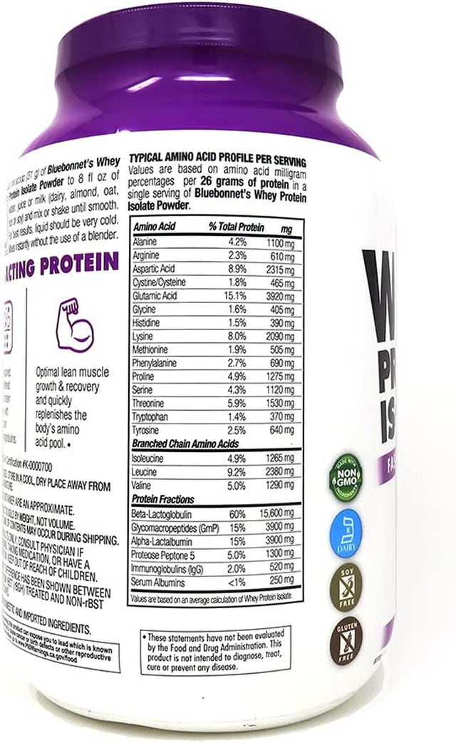 Bluebonnet Nutrition Whey Protein Isolate Powder, Whey from Grass Fed Cows, 26 Grams of Protein, No Sugar Added, Gluten Free, Soy Free, Kosher Dairy, 2.2 Lbs, 32 Servings, Original Unflavored