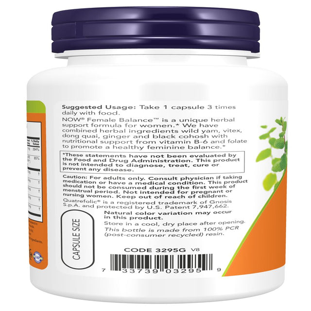 NOW Supplements, Female Balance™ with Wild Yam, Vitex, Dong Quai, GLA, Vitamin B-6 and Folate, 90 Capsules