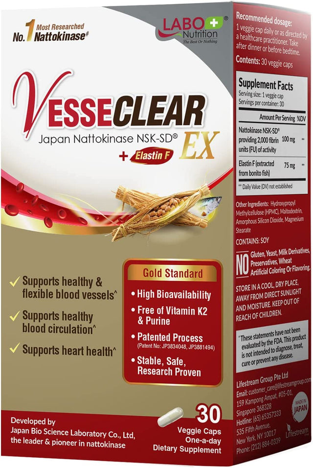 Vesseclear EX: Nattokinase Nsk-Sd+Elastin F for Clean & Flexible Blood Vessel. Japan'S Most Clinically Studied, Functional Dose, Acid-Resistant/Delayed Release Capsules