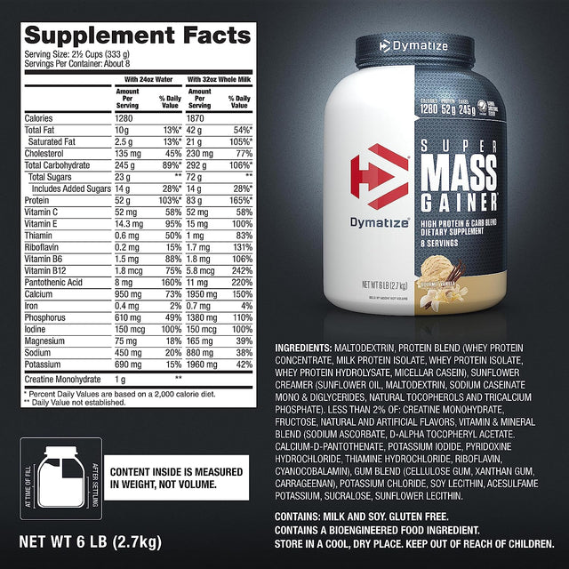 Dymatize Super Mass Gainer Protein Powder, 1280 Calories & 52G Protein, Gain Strength & Size Quickly, 10.7G Bcaas, Mixes Easily, Tastes Delicious, Gourmet Vanilla, 6 Pound (Pack of 1)