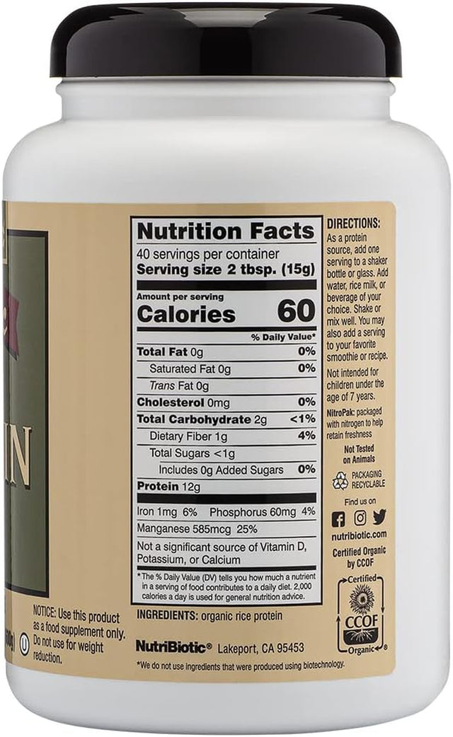 Nutribiotic Certified Organic Plain Rice Protein, 21 Ounce | Low Carbohydrate Vegan Protein Powder | Raw, Certified Kosher & Keto Friendly | Made without Chemicals, Gmos & Gluten | Easy to Digest