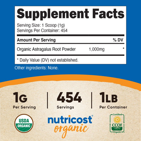 Nutricost Organic Astragalus Root Powder 1LB - Gluten Free, Non-Gmo, Vegetarian Supplement