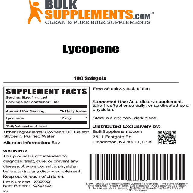 Bulksupplements.Com Lycopene Softgels, 2Mg - Supports Nerve Function (100 Softgels)