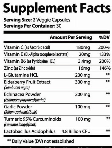 EMERGENCY IMMUNE SUPPORT SUPPLEMENT: 10In1 Antioxidant Immunity Booster, Respiratory Support & Stress Response: Vitamin C, B6, E, Elderberry, Zinc, Echinacea, Turmeric, Garlic, Probiotic & L-Glutamine