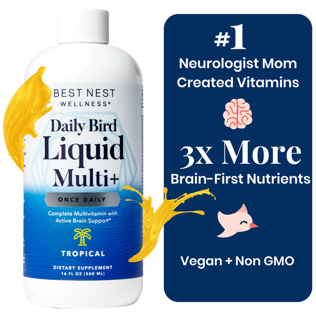 Daily Bird Multi+ for Kids, Liquid Multivitamin, Methylfolate (Folic Acid), Methylcobalamin, Natural Whole Food Blend, Prebiotics, Immune Support Vitamins, Non-Gmo, Gluten Free, Tropical, 16 Oz