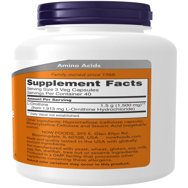 NOW Supplements, L-Ornithine (L-Ornithine Hydrochloride) 500 Mg, Amino Acid, 120 Veg Capsules