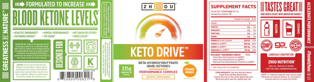 Zhou Keto Drive Exogenous Ketone Performance Complex | BHB Salts | Formulated for Ketosis, Energy and Focus | Orange Mango | 16 Servings, 8.29 Oz