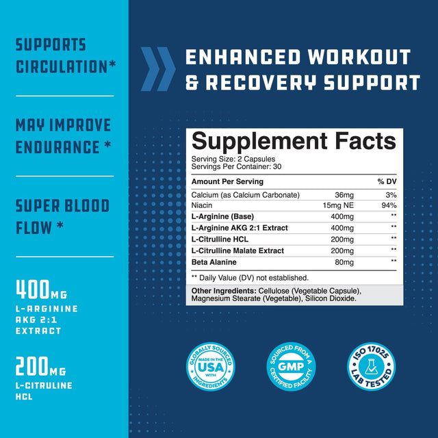 Pre Workout Nitric Oxide Supplement - Extra Strength L Arginine L Citrulline Supplement with Beta Alanine Nitric Oxide Booster for Enhanced Performance Strength Vascularity and Muscle Recovery