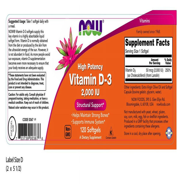 NOW Supplements, Vitamin D-3 2,000 IU, High Potency, Structural Support*, 120 Capsules - 2 Packs