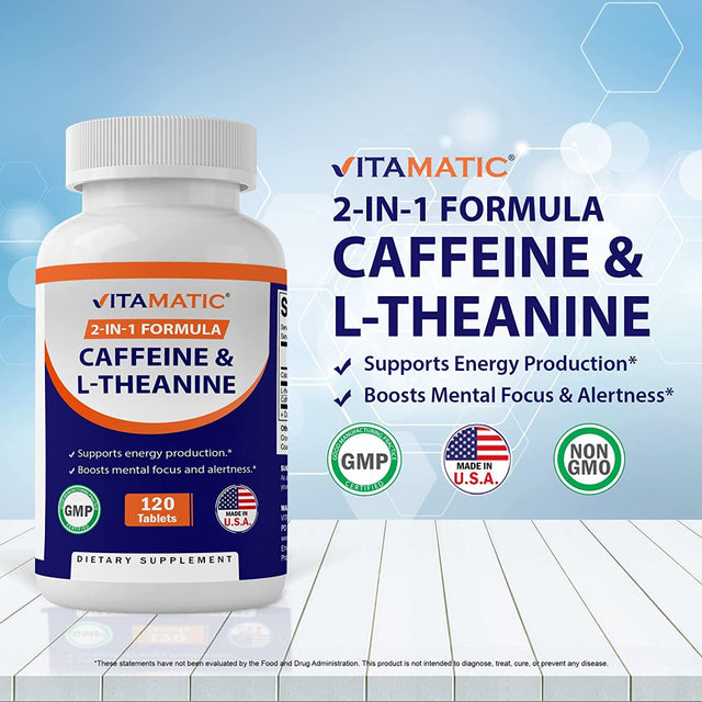 2 Packs Vitamatic Caffeine Pills with L-Theanine - 300 Mg per Tablet - 120 Vegetarian Tablets - Nootropic Supplement for Focused Energy (Total 240 Tablets)