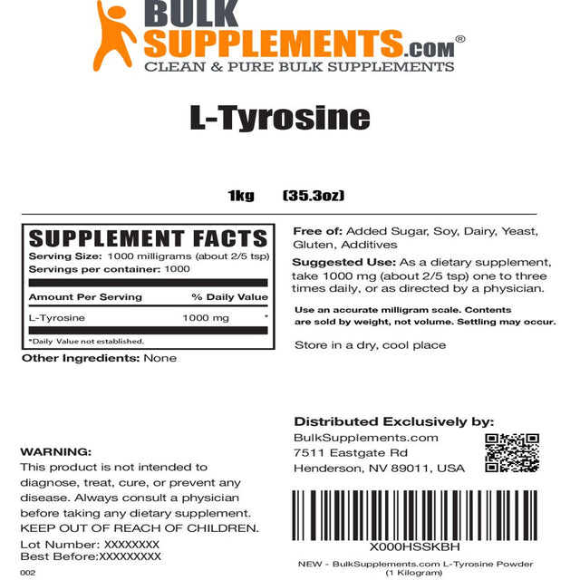 Bulksupplements.Com L-Tyrosine Powder, 1000Mg - Brain Focus Supplements - Concentration Supplements - Cognitive Flexibility (5 Kilograms)