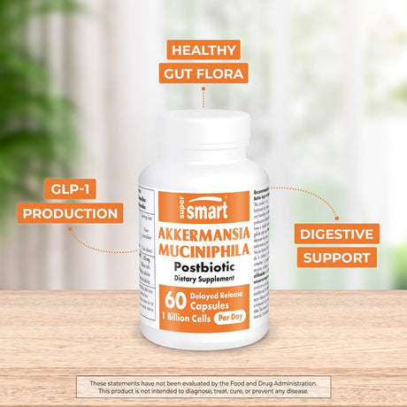 Supersmart - Akkermansia Muciniphila Postbiotic 1 Billion Non-Living Cells per Day (Maximum Strength) - GLP-1, Digestive & Gut Health Supplement | Non-Gmo & Gluten Free - 60 Delayed Release Capsules