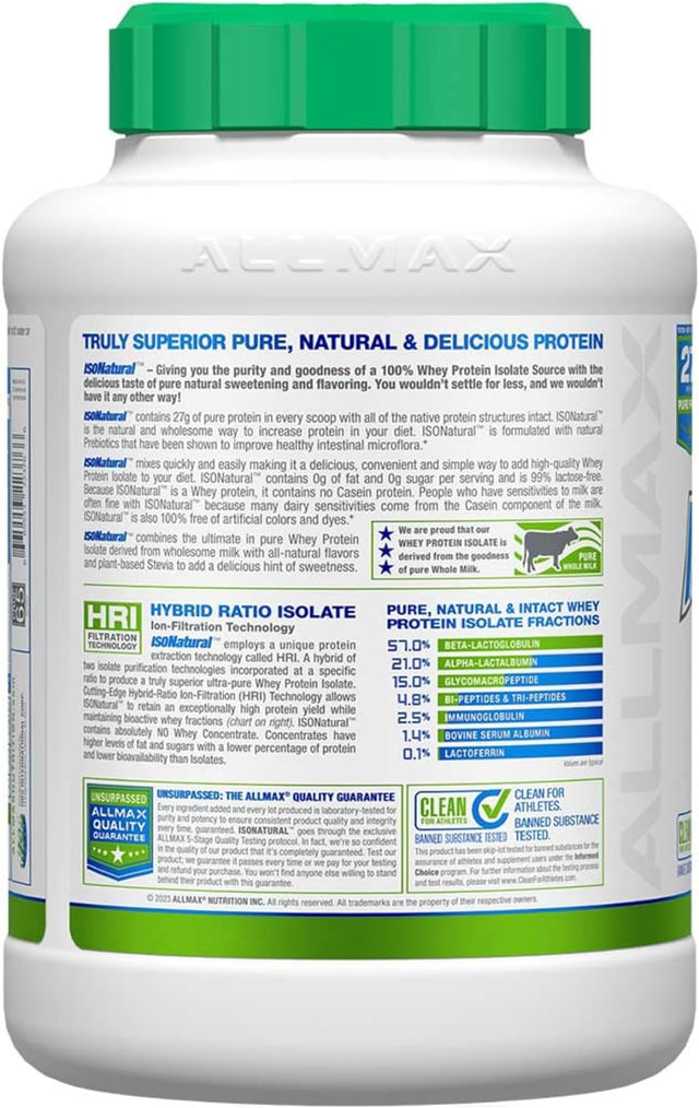 ALLMAX ISONATURAL Whey Protein Isolate, Vanilla - 5 Lb - 27 Grams of Protein per Scoop - Zero Fat & Sugar - 99% Lactose Free - with Prebiotics - No Artificial Flavors - Approx. 73 Servings