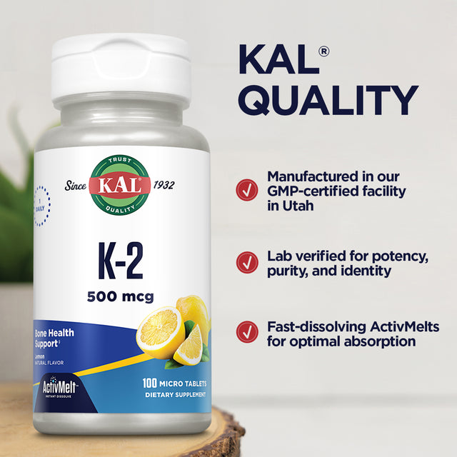 KAL Vitamin K-2 500 Mcg Activmelt | Natural Lemon Flavor | Healthy Bone Formation & Cardiovascular Function Support | Vegetarian | 100 Micro Tablets