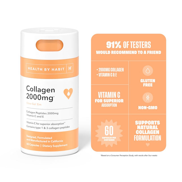 Health by Habit Collagen Supplement, Collagen Peptides 2000Mg, 60 Capsules