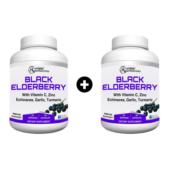 Black Elderberry Capsules with Echinacea, Turmeric, Garlic, Zinc, Vitamins C, E, B6, Probiotics and L-Glutamine (2-Pack)