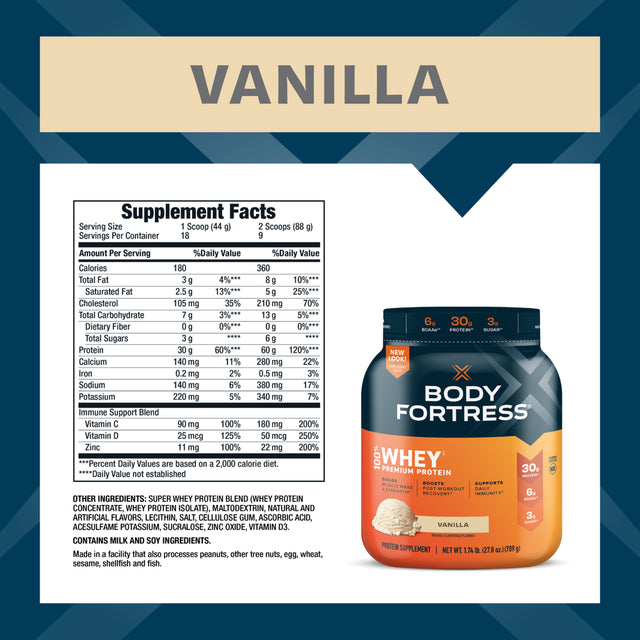 Body Fortress 100% Whey, Premium Protein Powder, Vanilla, 1.74Lbs (Packaging May Vary)