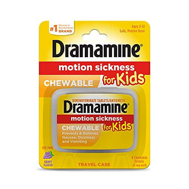 Dramamine Kids Chewable, Motion Sickness Relief, Grape Flavor, 8 Count