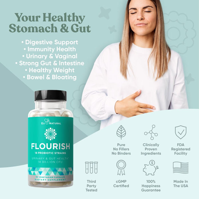 Flourish Probiotics + Prebiotics for Women – Gut and Digestion, Urinary Tract, Reduce Bloating, Vaginal Health – 18 Clinically Proven Strains, 14 Billion CFU – 30 Shelf-Stable Mini Vegan Capsules