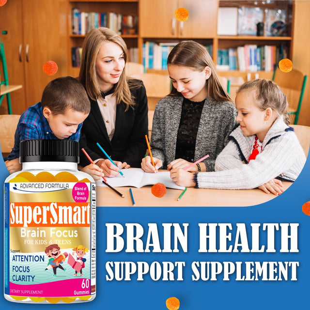 Super Smart Brain Focus Gummies for Kids & Teens, Focus Vitamins for Kids, Brain Supplements for Memory and Focus for Kids 60 Gummies