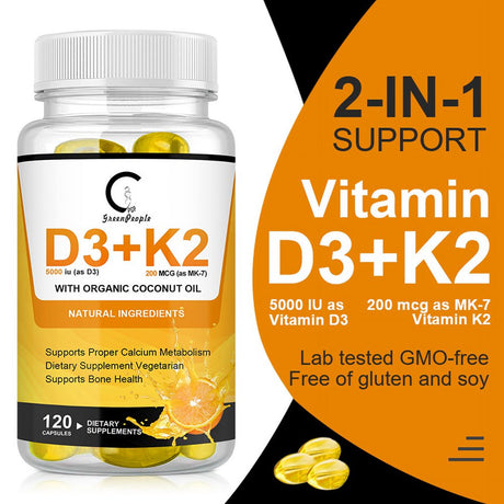 Vitamin D3(5000 Iu)+K2 (200 MCG) Capsules Immunity Bone Heart Health 120 Capsules