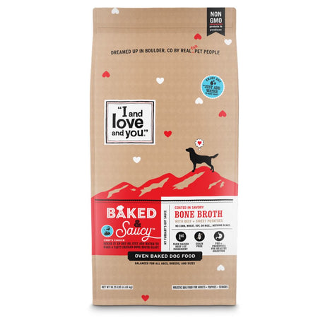 "I and Love and You" Baked and Saucy Dry Dog Food with Gravy Coating, Beef and Sweet Potato Recipe, Grain Free, Coated in Bone Broth, Prebiotics and Probiotics, Real Meat, No Fillers, 10.5 Lb Bag