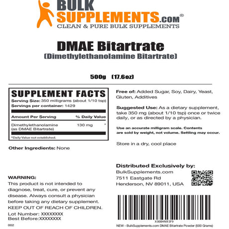 Bulksupplements.Com Dmae-Bitartrate Powder - Mental Focus Supplement - Nerve Support Supplement - Acetylcholine Supplements (500 Grams - 1.1 Lbs)