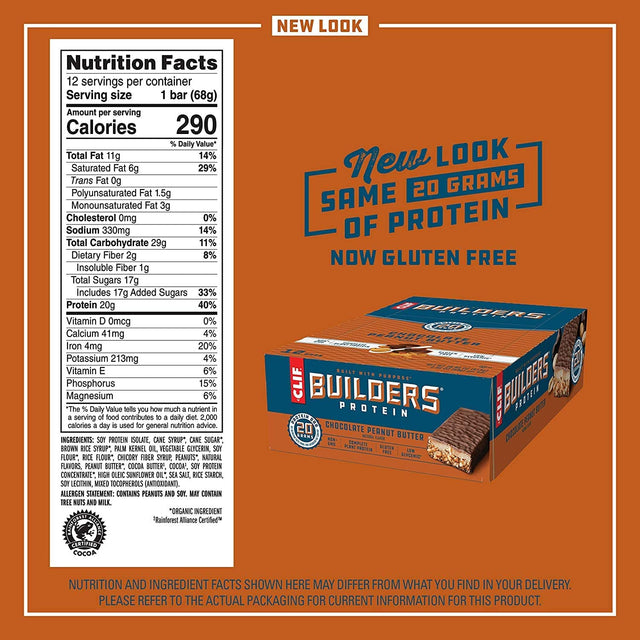 CLIF BUILDERS - Protein Bars - Chocolate Peanut Butter Flavor - 20G Protein (2.4 Ounce, 12 Count) (Now Gluten Free)