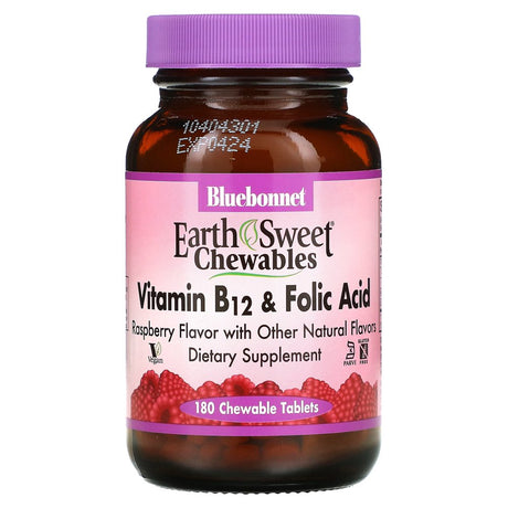 Bluebonnet Nutrition Earthsweet Chewables, Vitamin B-12 & Folic Acid, Raspberry , 180 Chewable Tablets