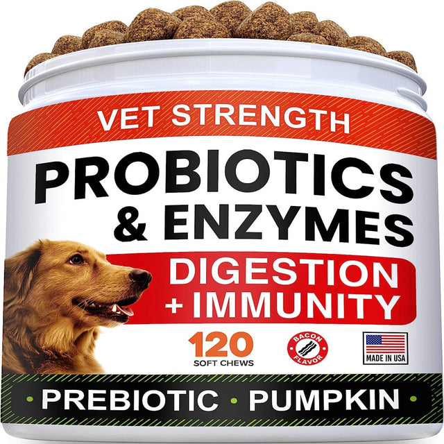 Vet Strength Dog Probiotics Treats - 1 Billion CFU + Digestive Enzymes + Prebiotics - Chewable Fiber Supplement W/ Pumpkin - Allergy, Diarrhea, Gas, Constipation, Upset Stomach Relief - Immunity