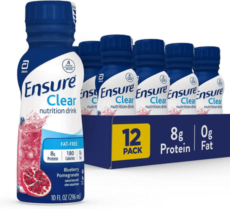 Ensure Liquid Clear Nutrition Drink, 0G Fat, 8G of Protein, Blueberry Pomegranate, 10 Fl Oz (Pack of 12), Bottle, Gluten Free