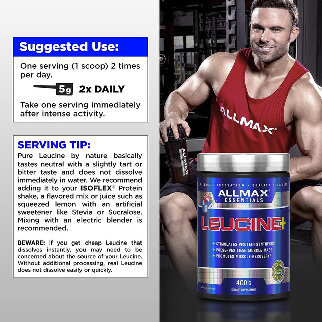 ALLMAX LEUCINE - 400 G - Stimulates Protein Synthesis, Preserves Lean Muscle & Promotes Recovery - 80 Servings