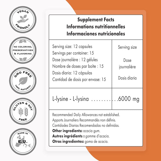 Supersmart - L-Lysine Supplement 6000Mg per Day (Amino Acids) - Immune Support - Collagen Synthesis - Bones, Skin & Muscle Health | Non-Gmo & Gluten Free - 180 Vegetarian Capsules