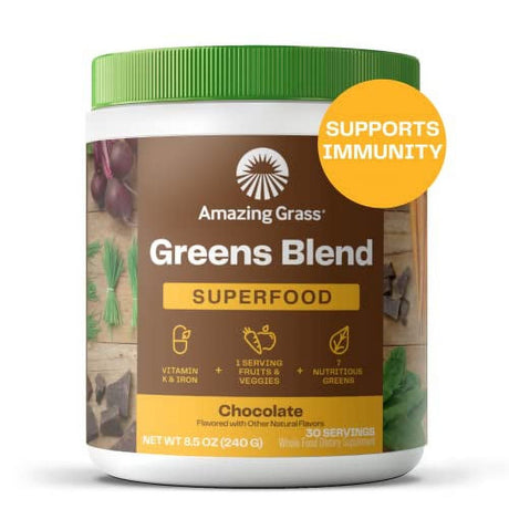 Amazing Grass Greens Blend Superfood: Super Greens Powder Smoothie Mix with Organic Spirulina, Chlorella, Beet Root Powder, Digestive Enzymes & Probiotics, Chocolate, 30 Servings (Packaging May Vary)