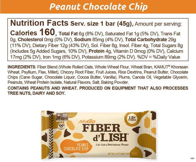 Nugo Fiber D'Lish Peanut Chocolate Chip, 12G High Fiber, Vegan, 160 Calories, 16 Count