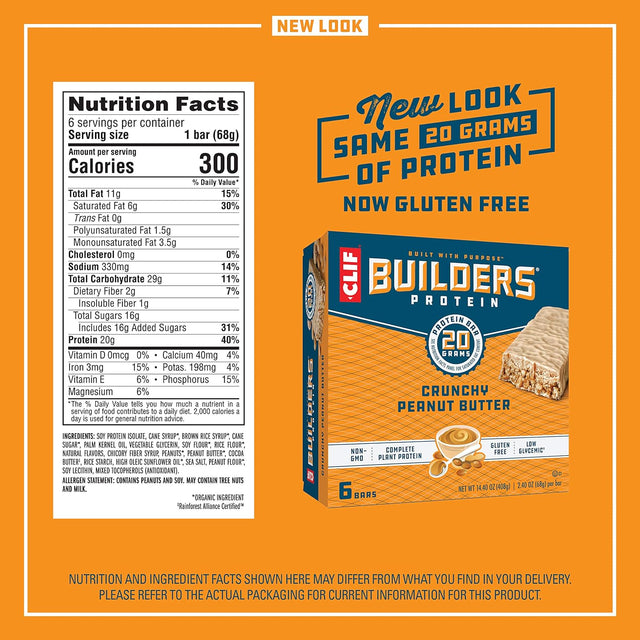 CLIF BUILDERS - Protein Bars - Crunchy Peanut Butter - 20G Protein - Gluten Free (2.4 Ounce, 6 Count)