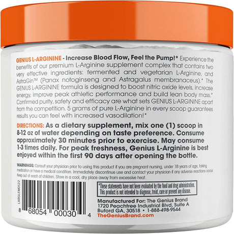 Nitric Oxide Booster L-Arginine Supplement for Healthy Blood Pressure - Performance Support, Lemon, Genius L-Arginine by the Genius Brand