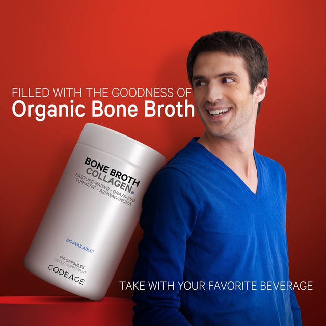 Codeage Bone Broth, Organic Bovine & Chicken Bone Broth, Grass-Fed Pasture-Raised Collagen Capsules, 180 Ct