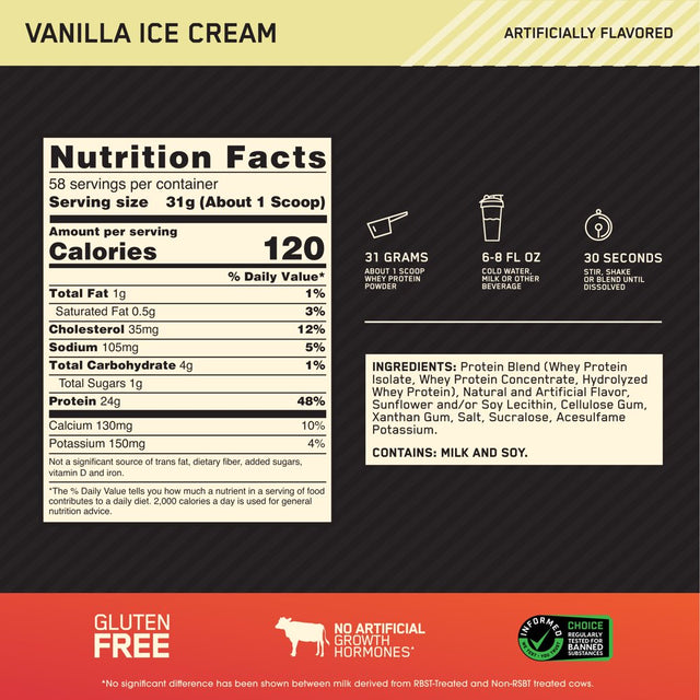 Optimum Nutrition Gold Standard 100% Whey Protein Powder, Vanilla Ice Cream, 24G Protein, 58 Servings